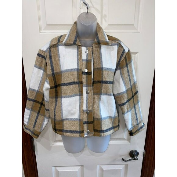 Blue B Plaid Oversized Shirt Jacket Womens S Beige & White Polyester/Cotton Blen - Picture 8 of 8